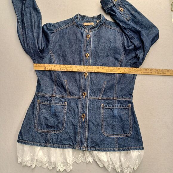 Small Size 14 Jean Jacket Lace Trim Button Up I.E Relaxed Dark Denim - Picture 3 of 10